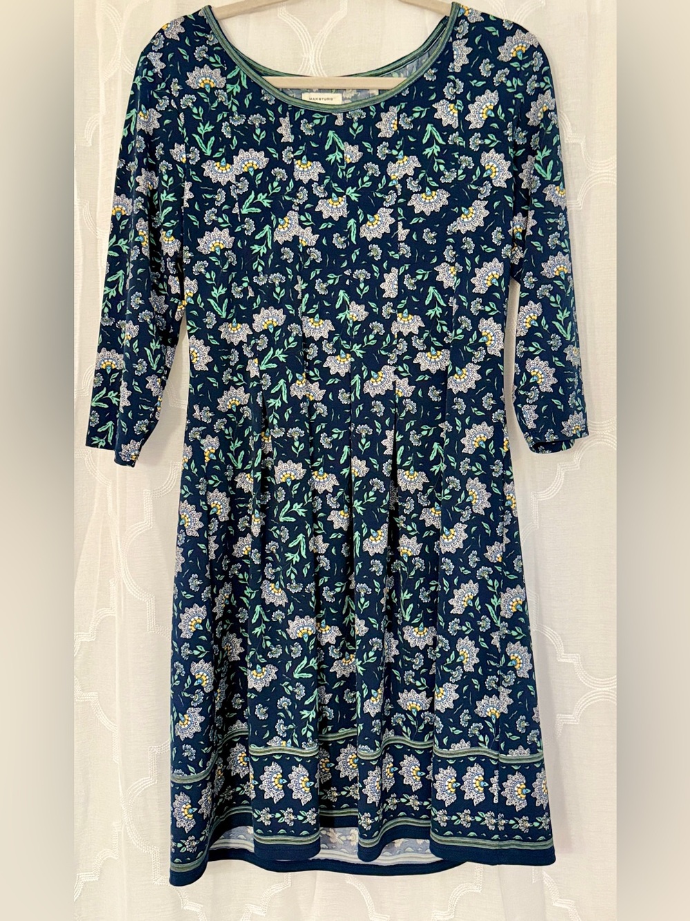 Max Studio Floral Fit & Flare Navy and Green Dress Size L